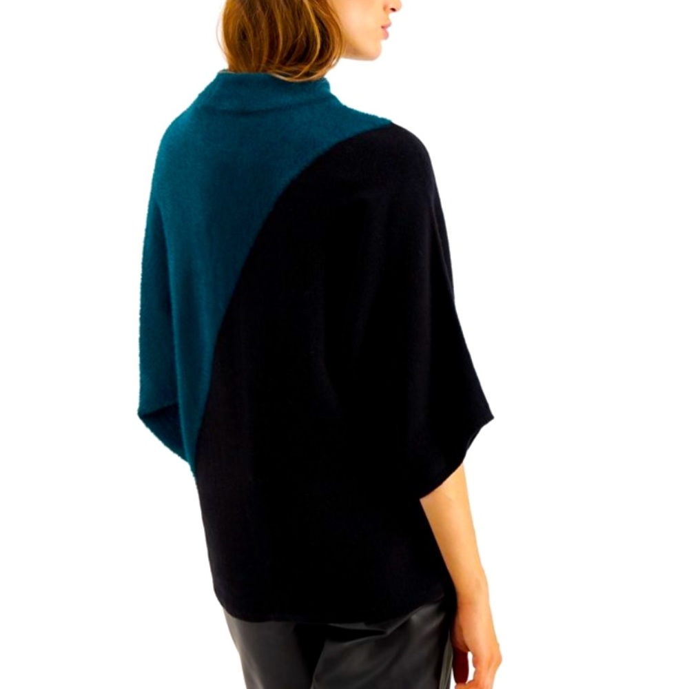 ALFANI Womens Teal Black Mock Neck Kimono Sleeve Sweater Small Soft Oversized - Picture 2 of 9